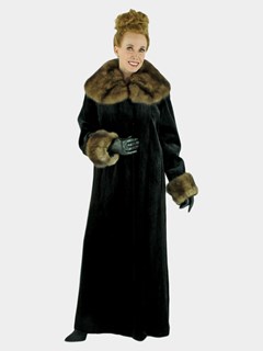 Woman's Black Sheared Mink Fur Coat with Sable Collar and Cuffs