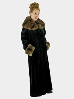 Woman's Black Sheared Mink Fur Coat with Sable Collar and Cuffs