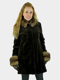 Woman's Dark Brown Sheared Mink Fur Stroller with Russian Sable Trim