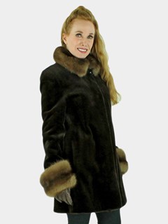 Woman's Dark Brown Sheared Mink Fur Stroller with Russian Sable Trim