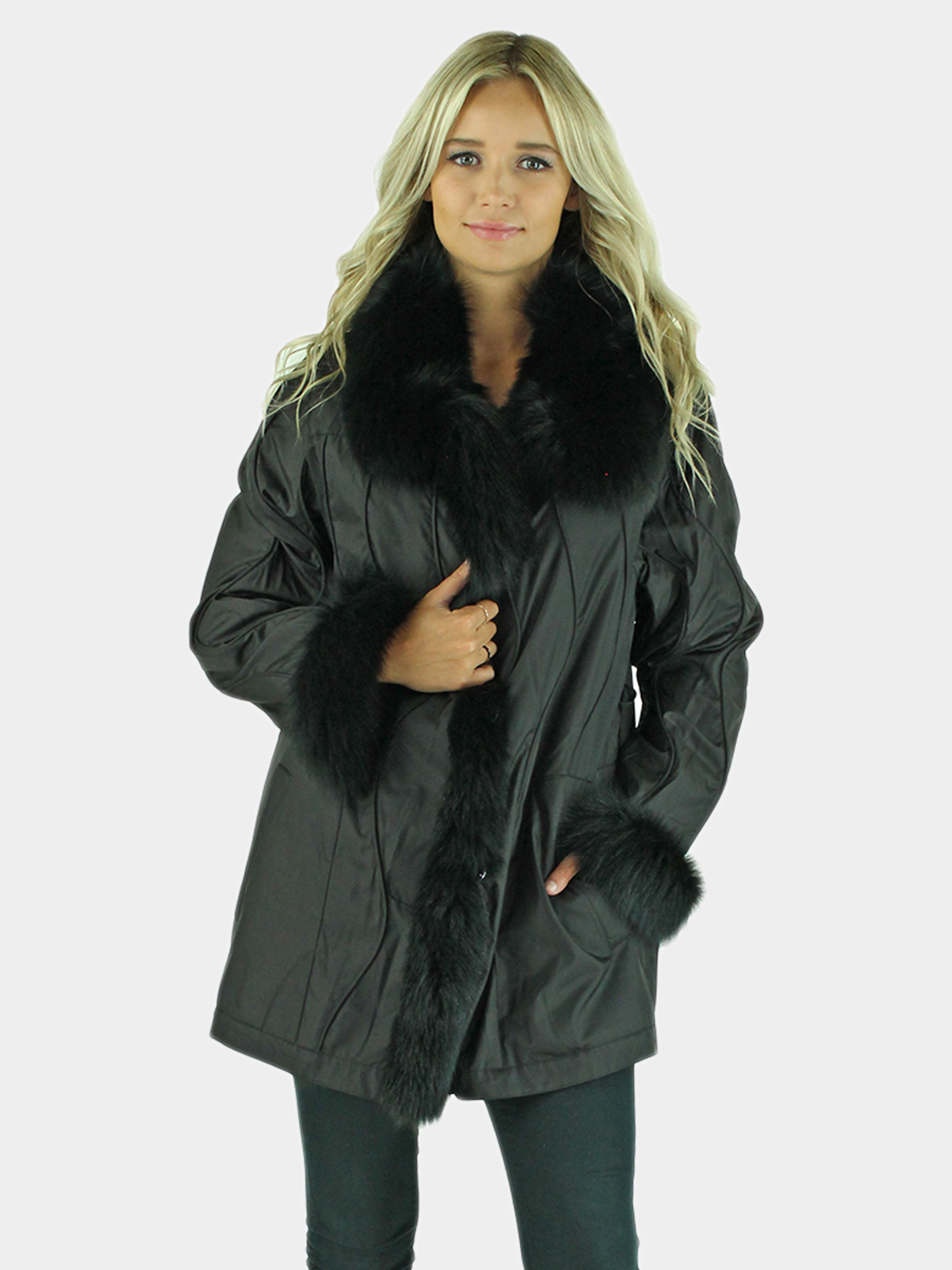 Woman's Black Fox Fur Stroller Reversing to Silk Rain Fabric