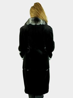 Woman's Black Sheared Mink Fur 7/8 Coat with Chinchilla Trim