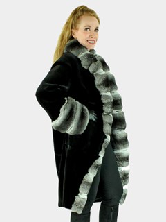 Woman's Black Sheared Mink Fur 7/8 Coat with Chinchilla Trim