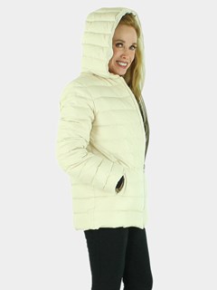 Woman's Beige Quilted Down Fabric Jacket with Zip-out Multicolored Mink Liner