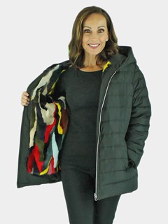 Woman's Black Quilted Down Fabric Jacket with Zip-out Multicolored Mink Liner