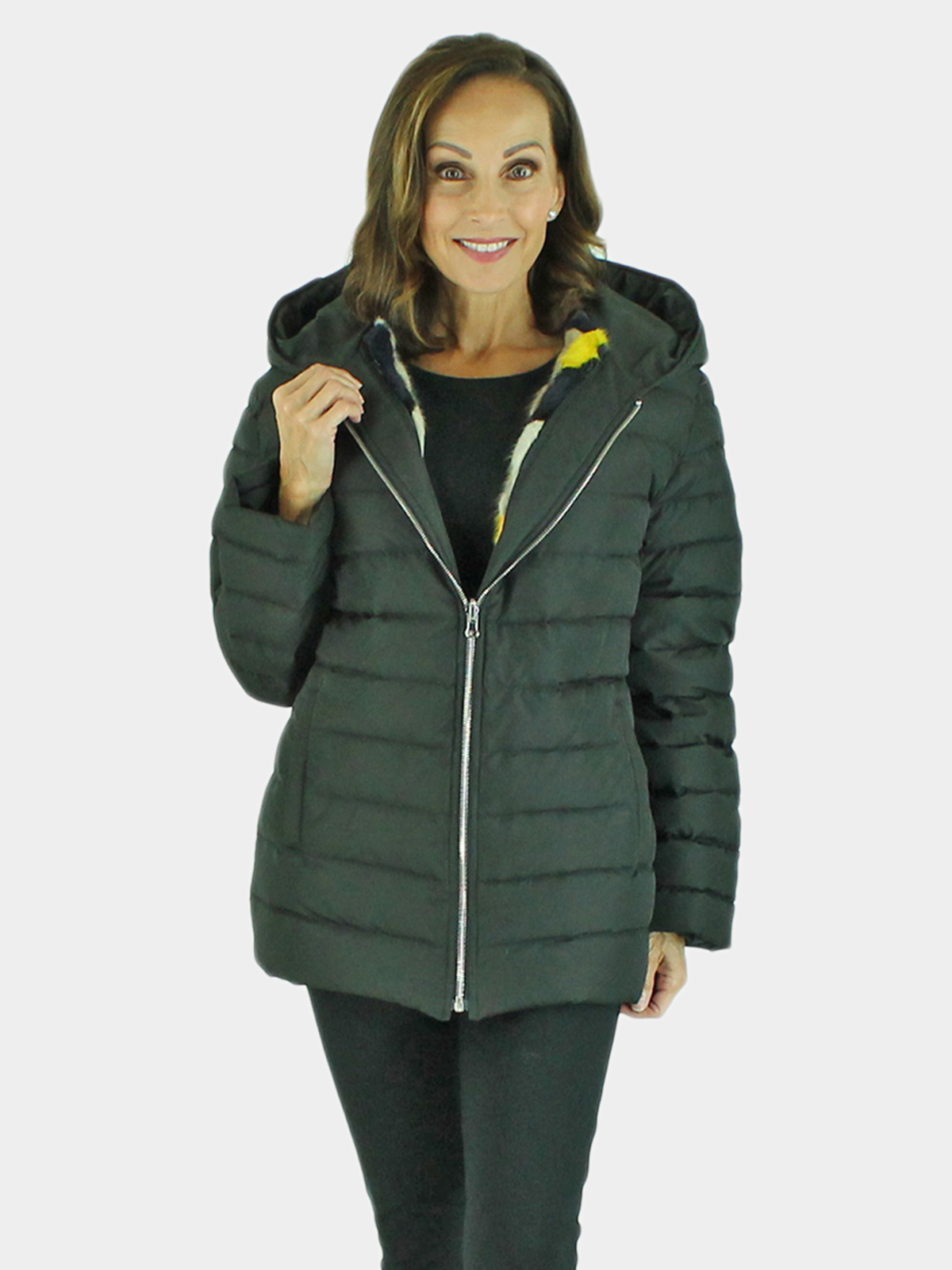 Woman's Black Quilted Down Fabric Jacket with Zip-out Multicolored Mink Liner