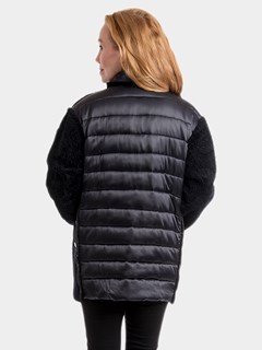 Woman's Navy Astragan Shearling Jacket with Quilted Fabric Cuffs, Pockets and Back