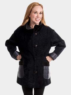 Woman's Navy Astragan Shearling Jacket with Quilted Fabric Cuffs, Pockets and Back