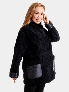 Woman's Navy Astragan Shearling Jacket with Quilted Fabric Cuffs, Pockets and Back