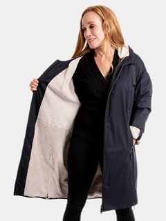 Woman's Navy Fabric Stroller with Astragan Shearling Lining, Hood and Cuffs