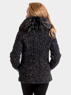 Woman's Navy Mist and Brown Knitted Lambskin Jacket with Dyed Fox Fur Collar and Cuffs