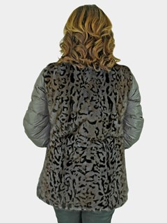 Woman's Grey Animal Print Mink Fur Vest Reversible to Grey Taffeta Plus Grey Down Filled Zipper Jacket 