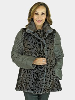 Woman's Grey Animal Print Mink Fur Vest Reversible to Grey Taffeta Plus Grey Down Filled Zipper Jacket 