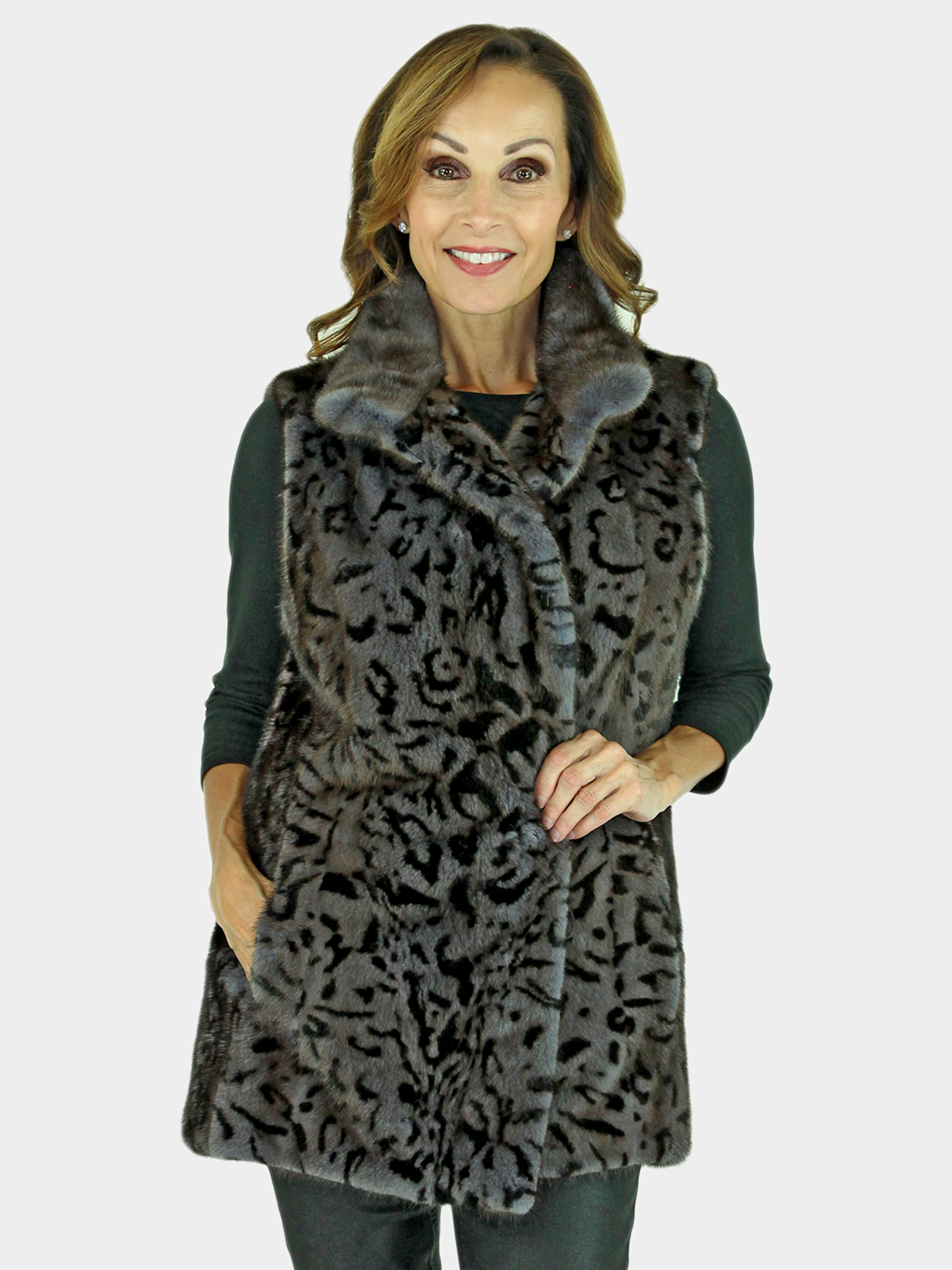 Woman's Grey Animal Print Mink Fur Vest Reversible to Grey Taffeta Plus Grey Down Filled Zipper Jacket 