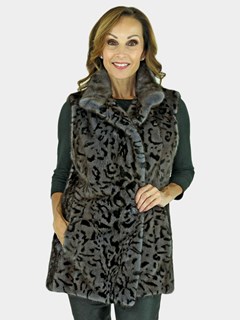 Woman's Grey Animal Print Mink Fur Vest Reversible to Grey Taffeta Plus Grey Down Filled Zipper Jacket 