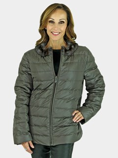 Woman's Grey Animal Print Mink Fur Vest Reversible to Grey Taffeta Plus Grey Down Filled Zipper Jacket 