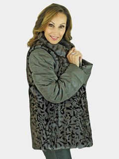 Woman's Grey Animal Print Mink Fur Vest Reversible to Grey Taffeta Plus Grey Down Filled Zipper Jacket 
