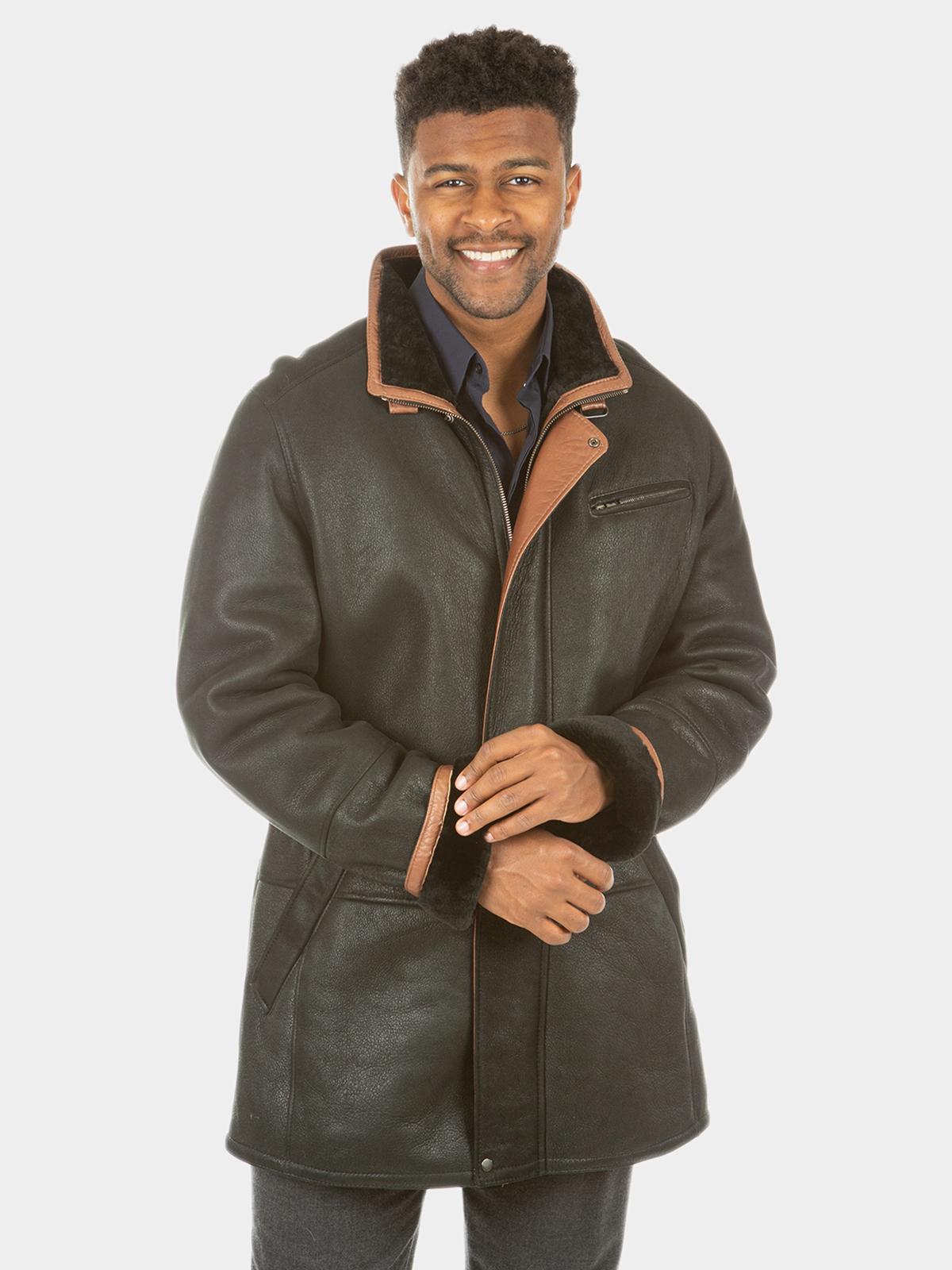 Man's Jet Iron Black Leather and Shearling Lamb Jacket