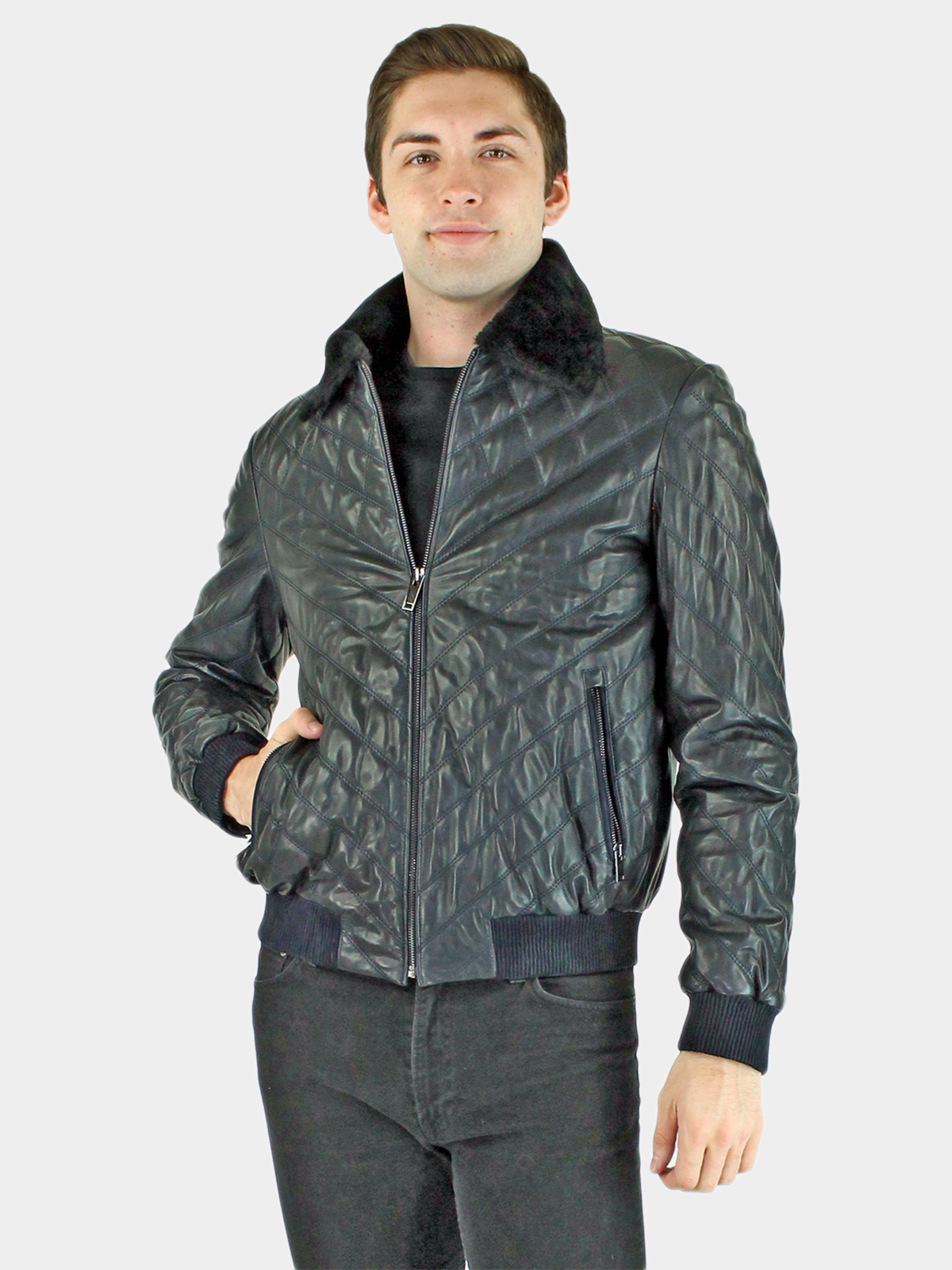 Man's Navy Leather Puffer Jacket with Shearling Lamb Collar