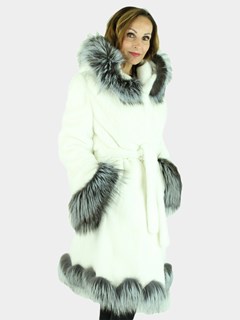 Woman's White Mink Fur Hooded Stroller with Silver Fox Fur Trim