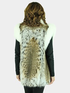 Woman's Natural Cat Lynx Fur Vest with White Fox Trim