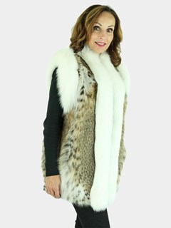 Woman's Natural Cat Lynx Fur Vest with White Fox Trim