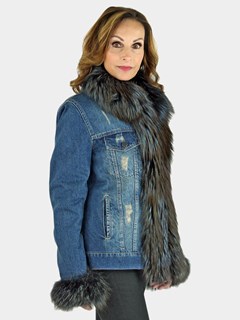 Woman's Denim Jean Jacket with Fox Trim