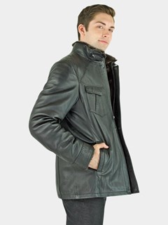 Man's Black Leather and Brown Shearling Fur Jacket