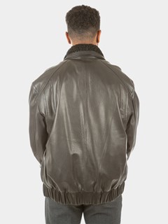 Man's Black Leather Zipper Jacket with Detachable Shearling Lamb Collar