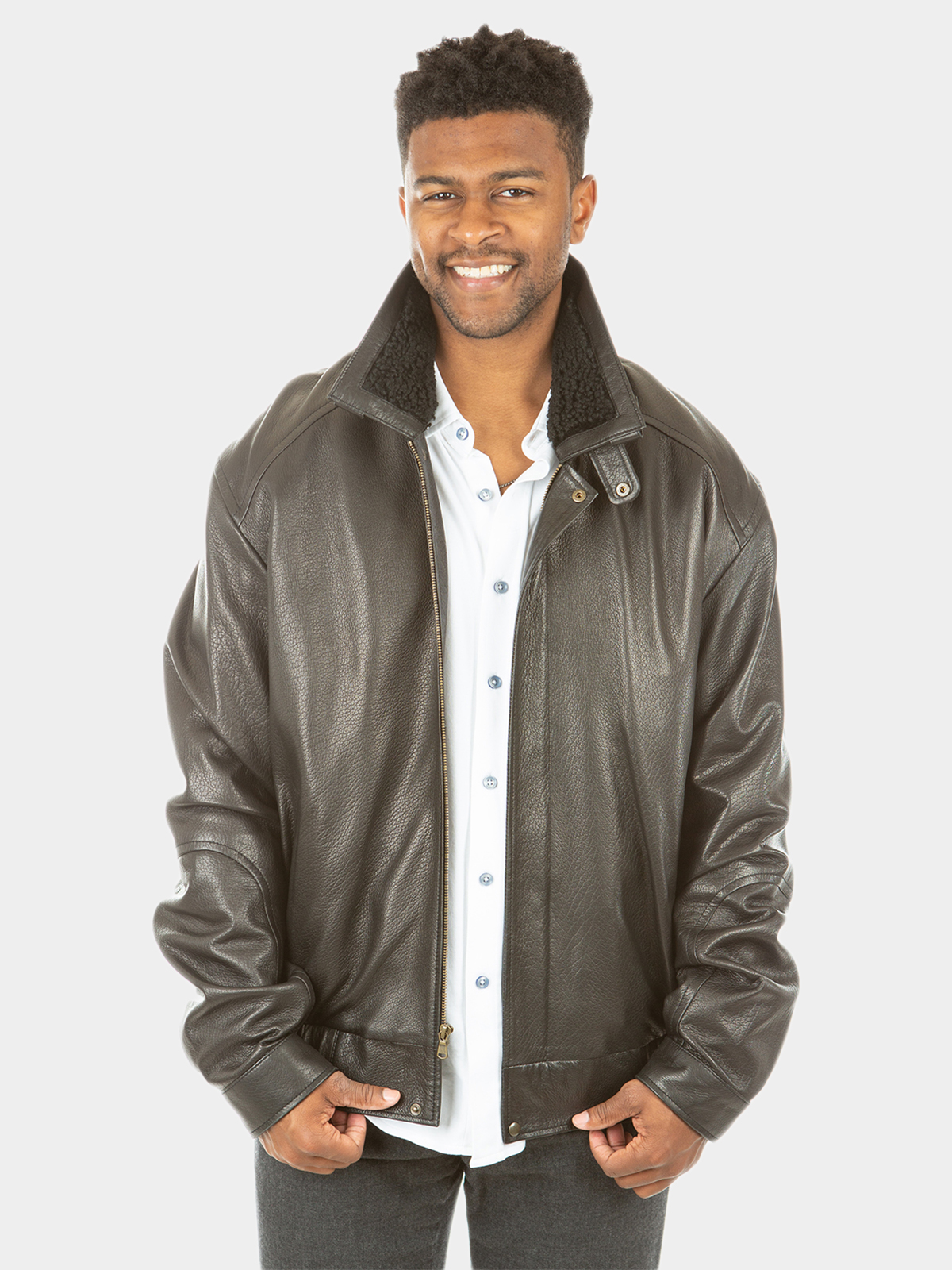 Man's Black Leather Zipper Jacket with Detachable Shearling Lamb Collar
