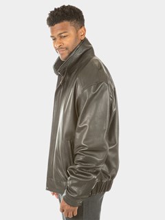 Man's Black Leather Zipper Jacket with Detachable Shearling Lamb Collar