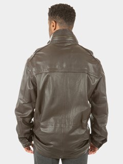 Man's Brown Leather Zipper Jacket with Detachable Shearling Lamb Collar