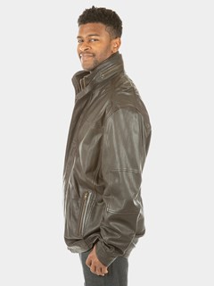 Man's Brown Leather Zipper Jacket with Detachable Shearling Lamb Collar