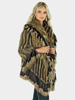 Woman's Natural Knitted Rex Rabbit and Raccoon Fur Poncho