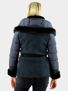 Christia Woman's Navy Blue Hooded Shearling Lamb Parka