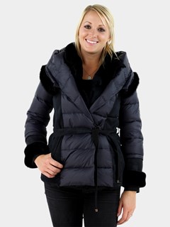 Christia Woman's Navy Blue Hooded Shearling Lamb Parka