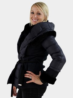 Christia Woman's Navy Blue Hooded Shearling Lamb Parka