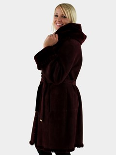 Christia Woman's Deep Wine Hooded Shearling Parka