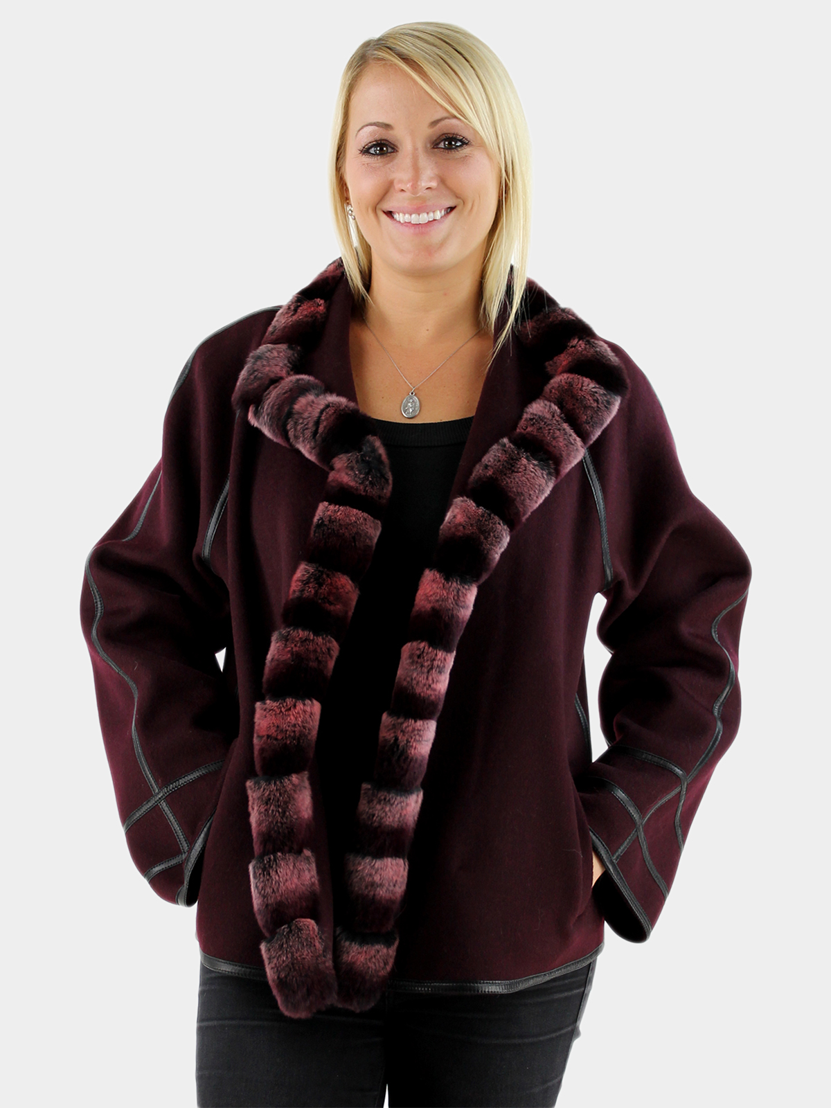 Woman's Berry Cashmere Wool Jacket with Rex Rabbit Fur Trim