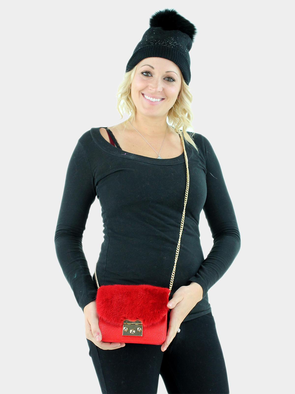 Red Leather and Red Mink Small Cross the Body Handbag