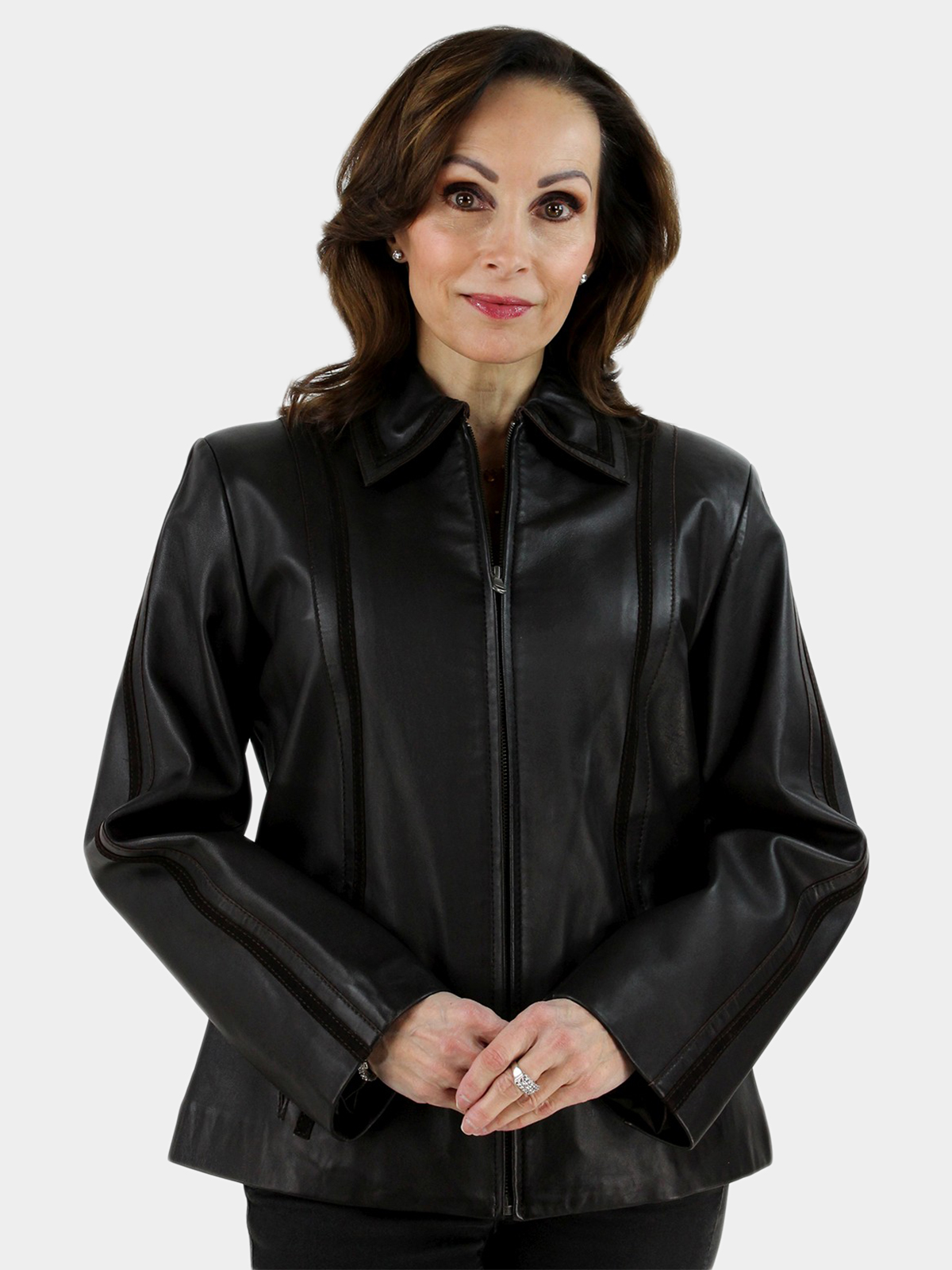 Woman's Brown Leather Jacket with Suede Trim