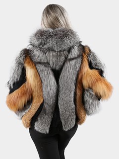 Woman's New Natural Red and Silver Fox Fur Jacket with Rex Rabbit Inserts