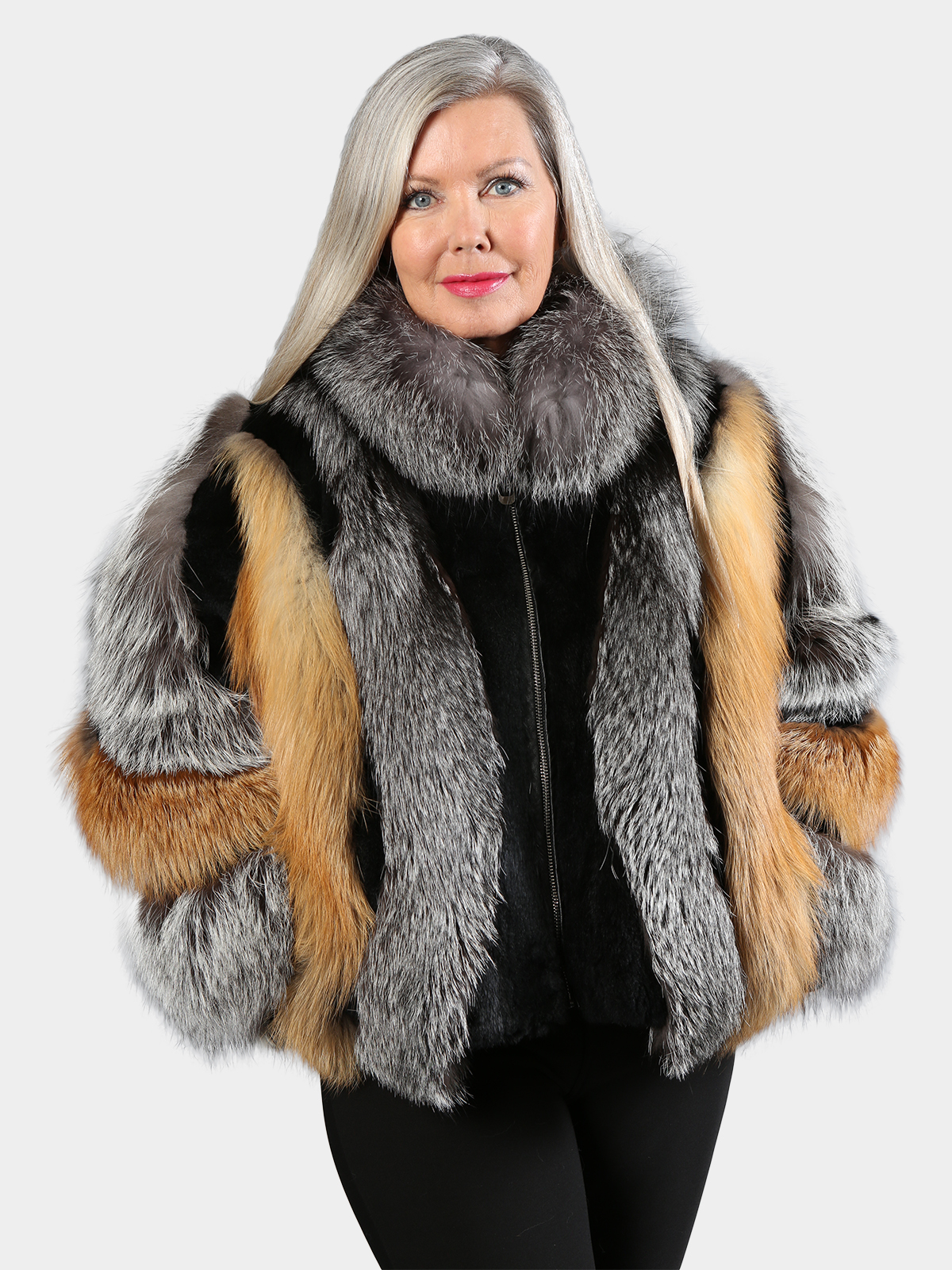 Woman's New Natural Red and Silver Fox Fur Jacket with Rex Rabbit Inserts