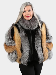 White Rabbit Fur Jacket with Fox Collar - Size S