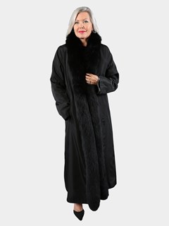 Woman's Black Leather Reversible Coat with Fox Collar and Tuxedo Front