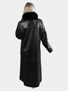 Woman's Black Leather Reversible Coat with Fox Collar and Tuxedo Front