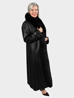 Woman's Black Leather Reversible Coat with Fox Collar and Tuxedo Front