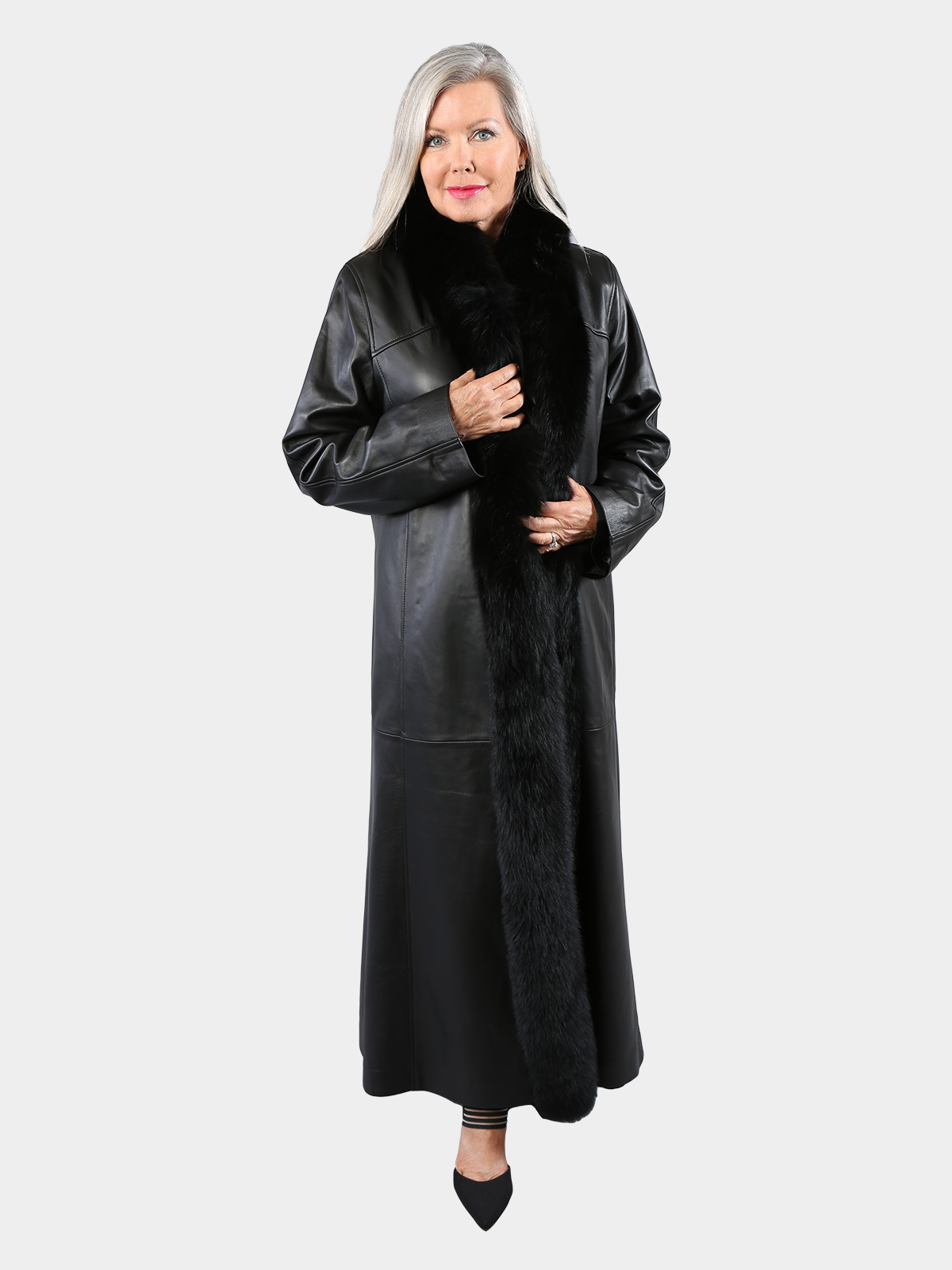 Woman's Black Leather Reversible Coat with Fox Collar and Tuxedo Front