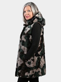 Woman's Camo Mink Fur Vest with Hood