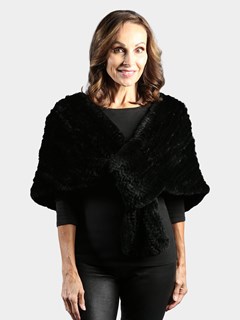 Woman's Black Knit Rex Rabbit Fur Stole